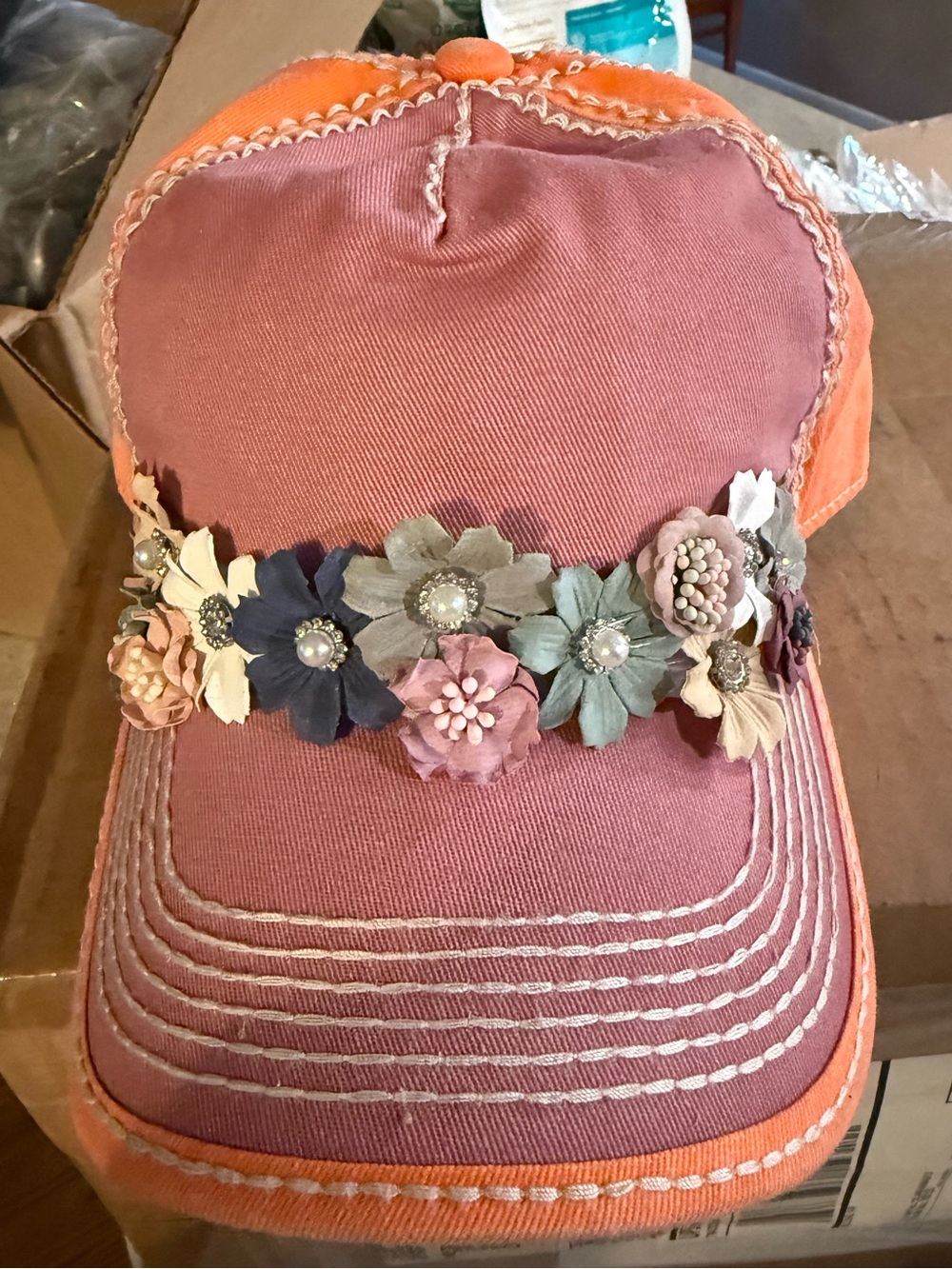Women’s Floral Embellished Pink and Orange Baseball Cap